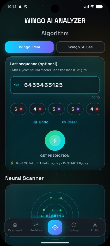 Algorithm screen with Wingo 1 Min and 30 Sec mode tabs, sequence input field and neural scanner